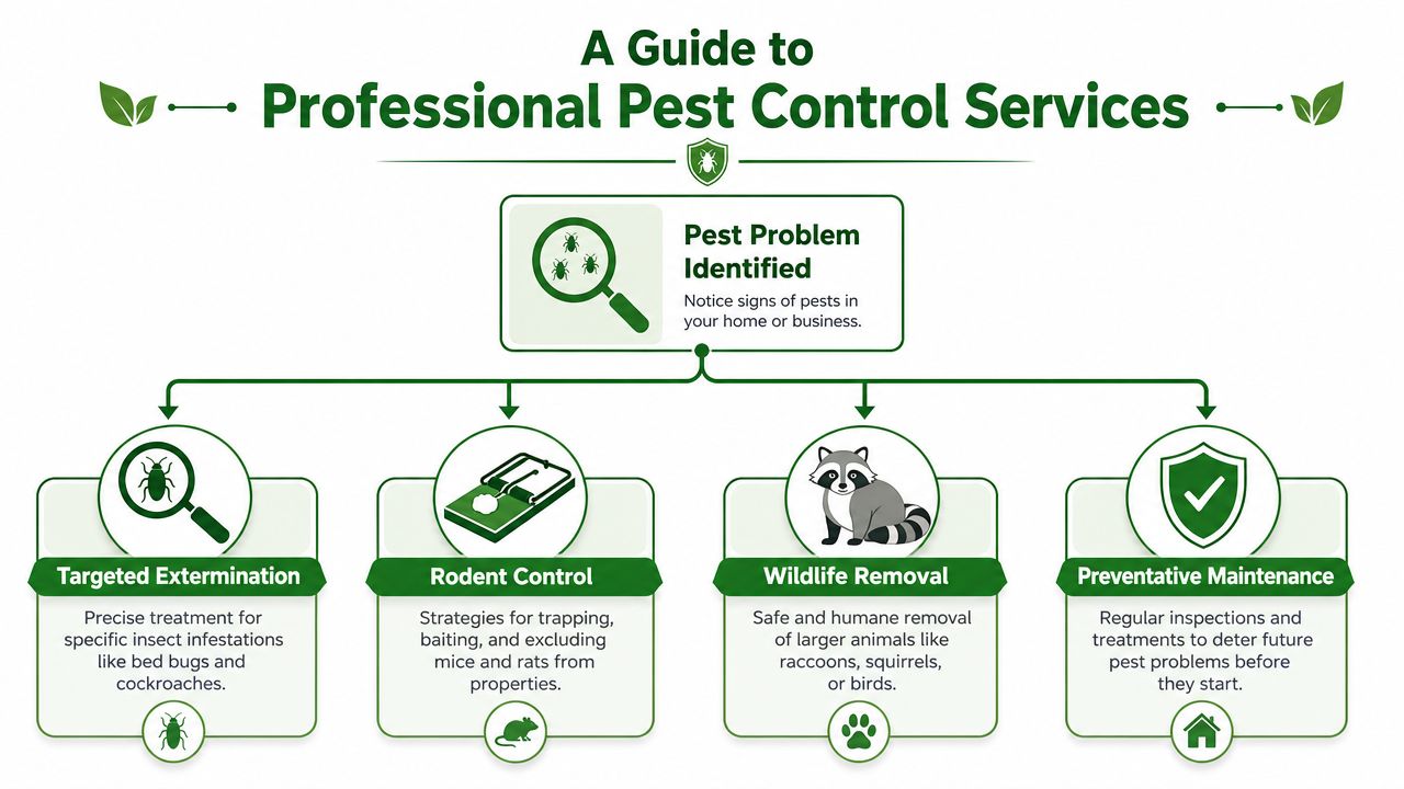 An infographic titled A Guide to Professional Pest Control Services showing the process from identifying pests to various treatment solutions.