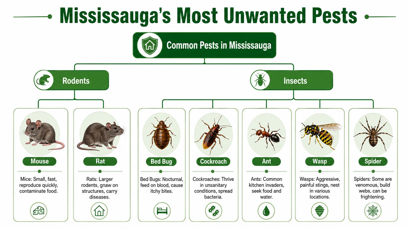 An infographic titled Mississauga's Most Unwanted Pests categorizing common household pests into rodents and insects.