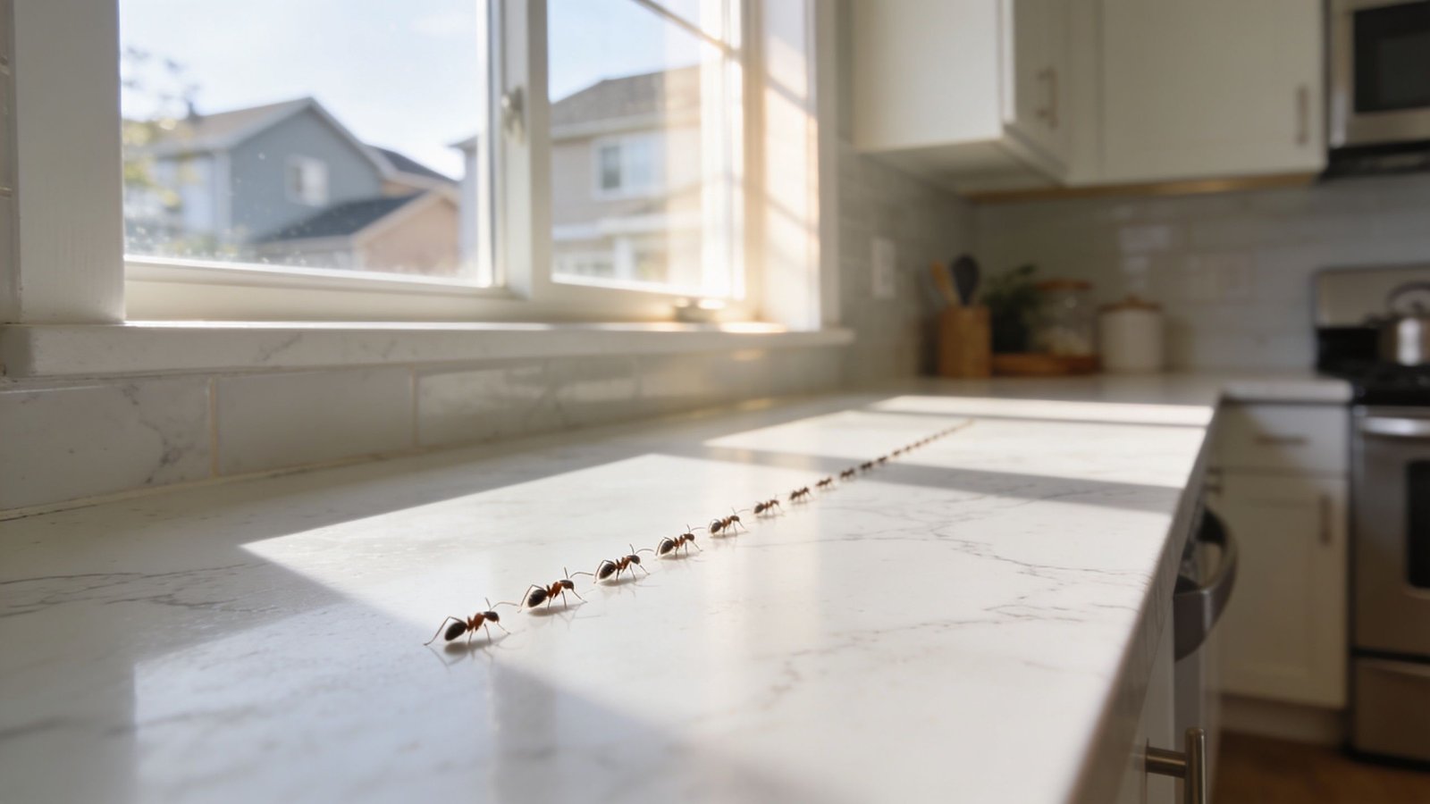 A line of ants marching across a clean white kitchen countertop under bright natural window light.