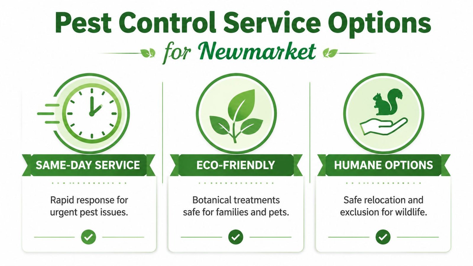An infographic showing pest control services in Newmarket featuring same-day, eco-friendly, and humane wildlife relocation options.