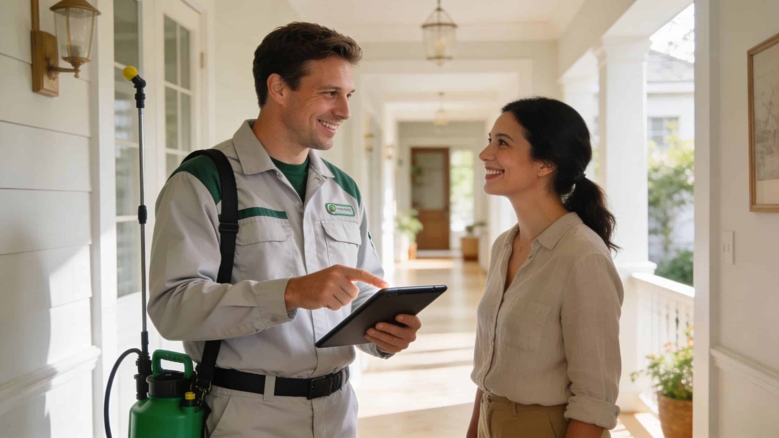 A professional pest control technician discussing service details on a tablet with a smiling female homeowner.