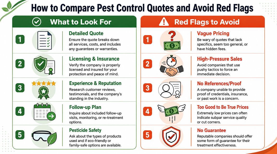 An infographic showing five tips for comparing pest control quotes and five red flags to avoid.