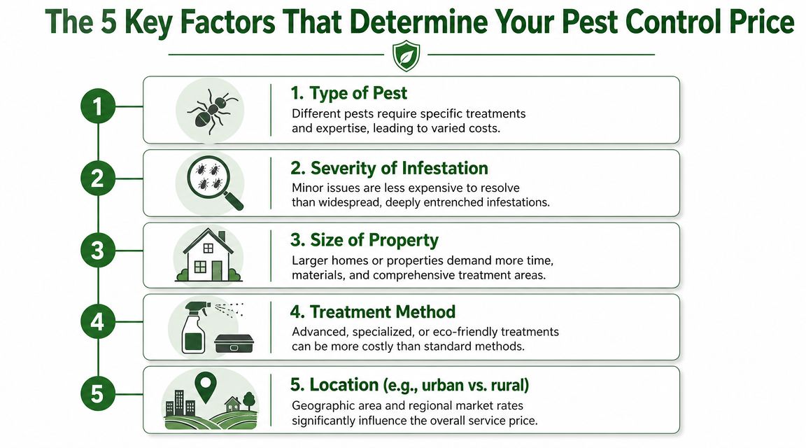 An infographic titled The 5 Key Factors That Determine Your Pest Control Price, listing five cost determinants.