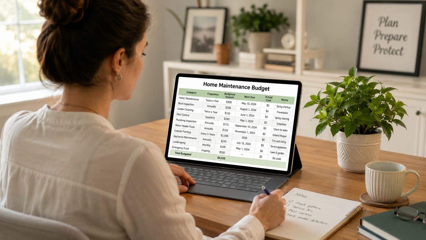 A woman working on a home maintenance budget spreadsheet on a laptop while sitting at a desk.