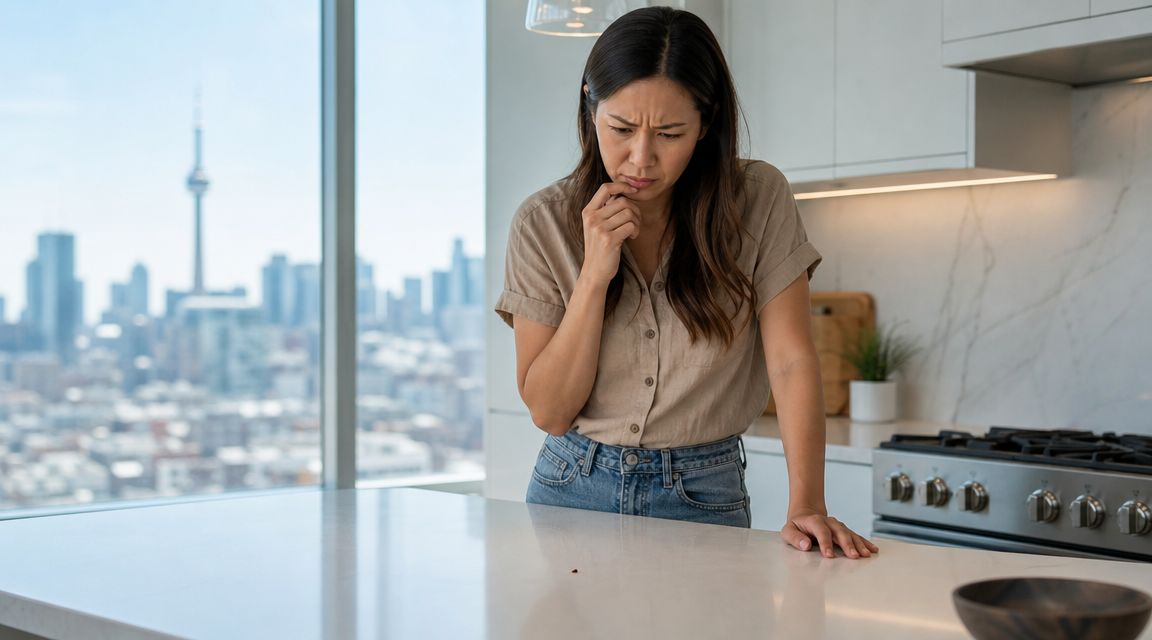 A concerned woman standing in a modern kitchen looking down at a small insect on the countertop.