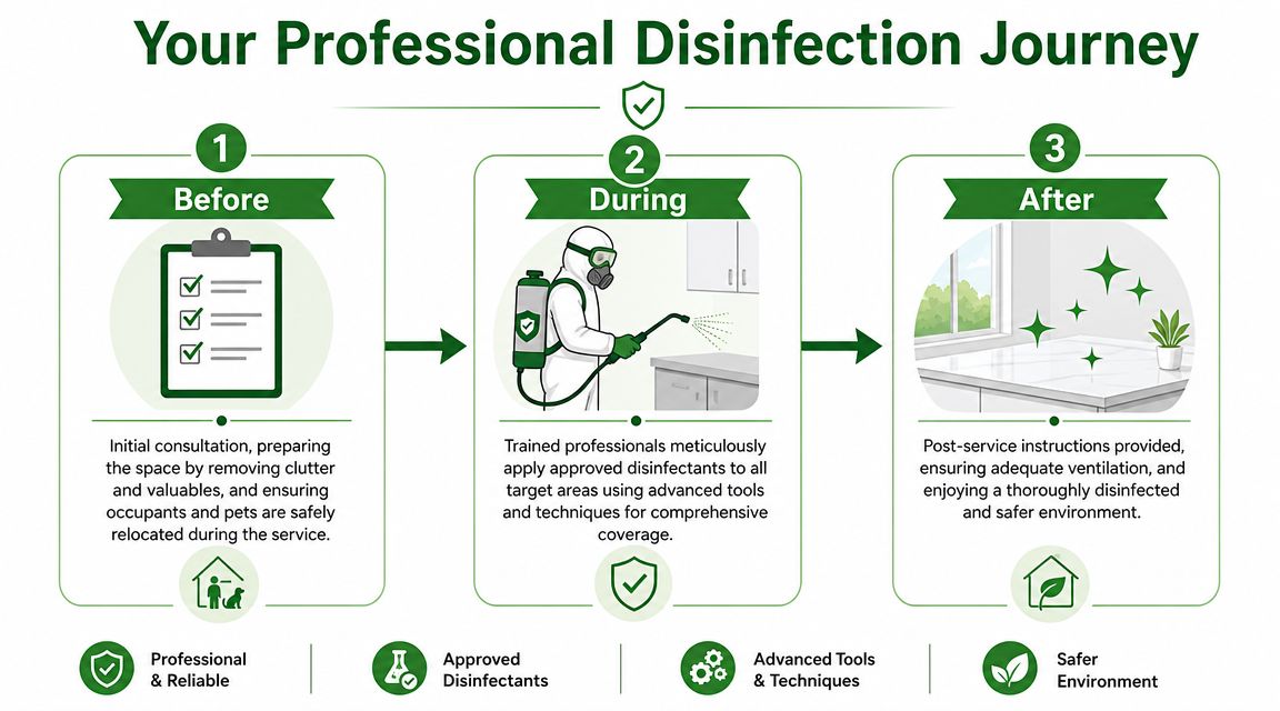 An infographic detailing the three-step professional disinfection service process from preparation to the final safer environment.