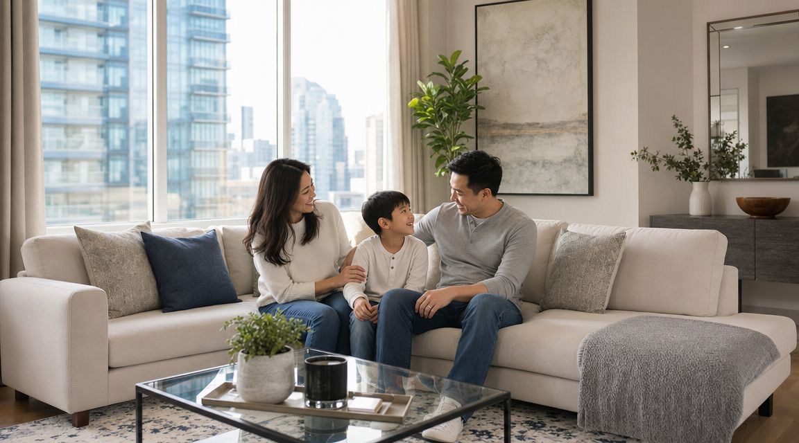 A happy family of three relaxing together on a comfortable sofa in a modern apartment living room.