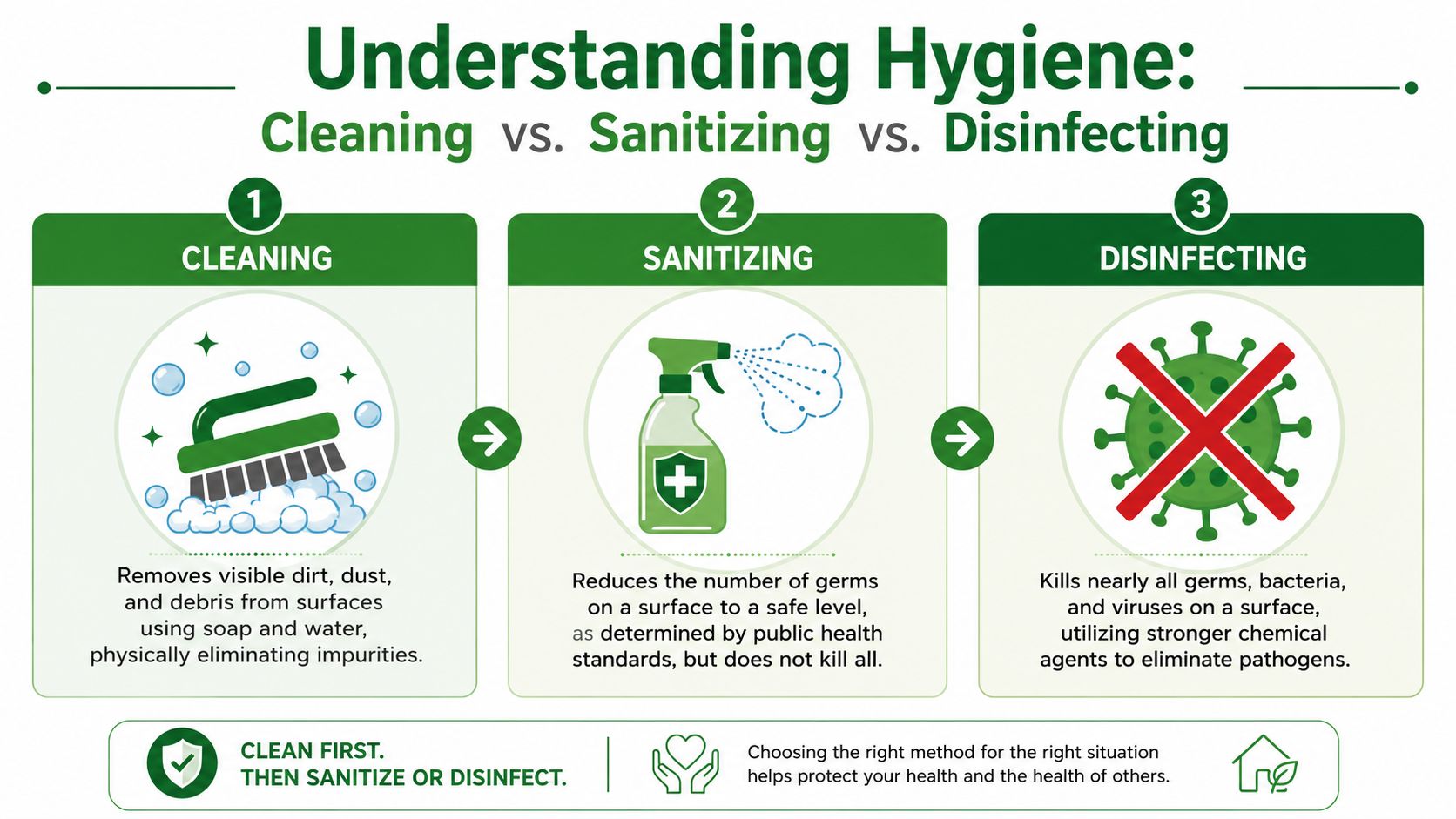 A diagram explaining the differences between cleaning, sanitizing, and disinfecting surfaces for better hygiene and health.
