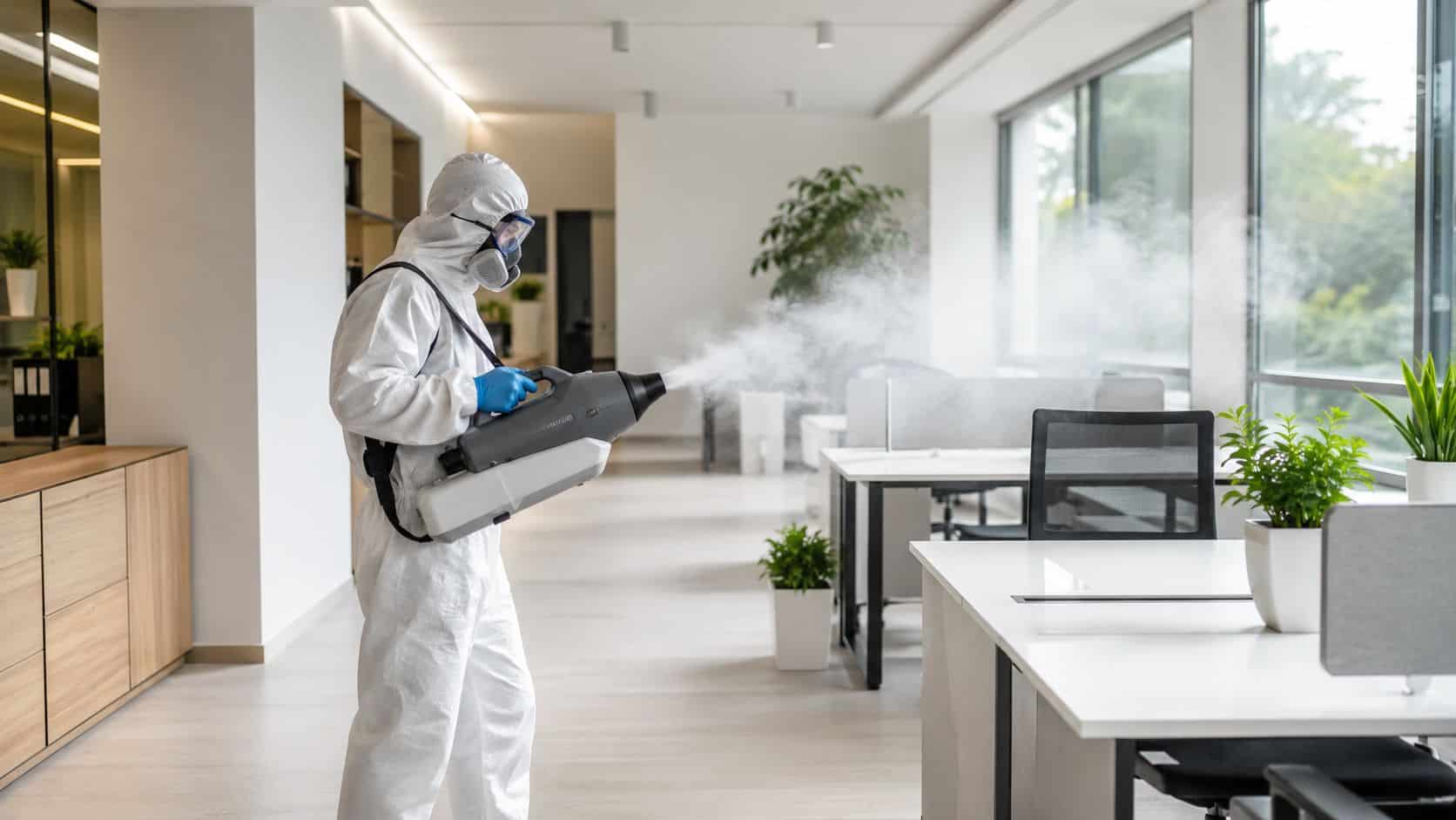 A professional cleaner in protective suit sanitizing an office space with a fogging disinfectant sprayer device.