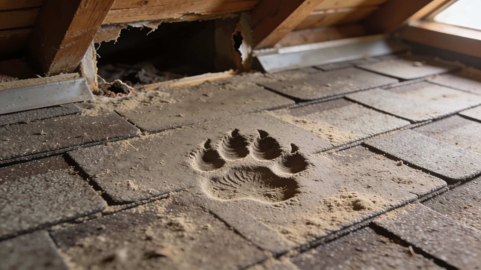 A close-up of a large animal paw print left in dust on attic roof shingles.