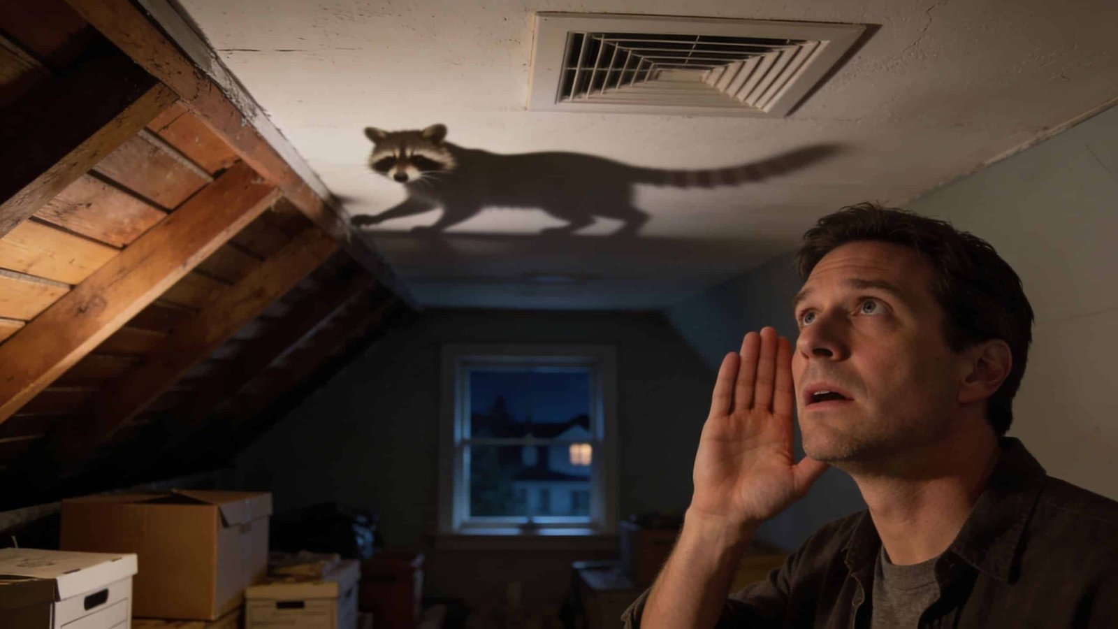 A concerned man in an attic looking up at a raccoon shadow projected on the ceiling.