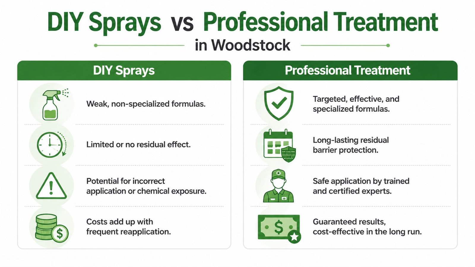 A comparison chart showing the advantages of professional pest treatment over DIY sprays in Woodstock.