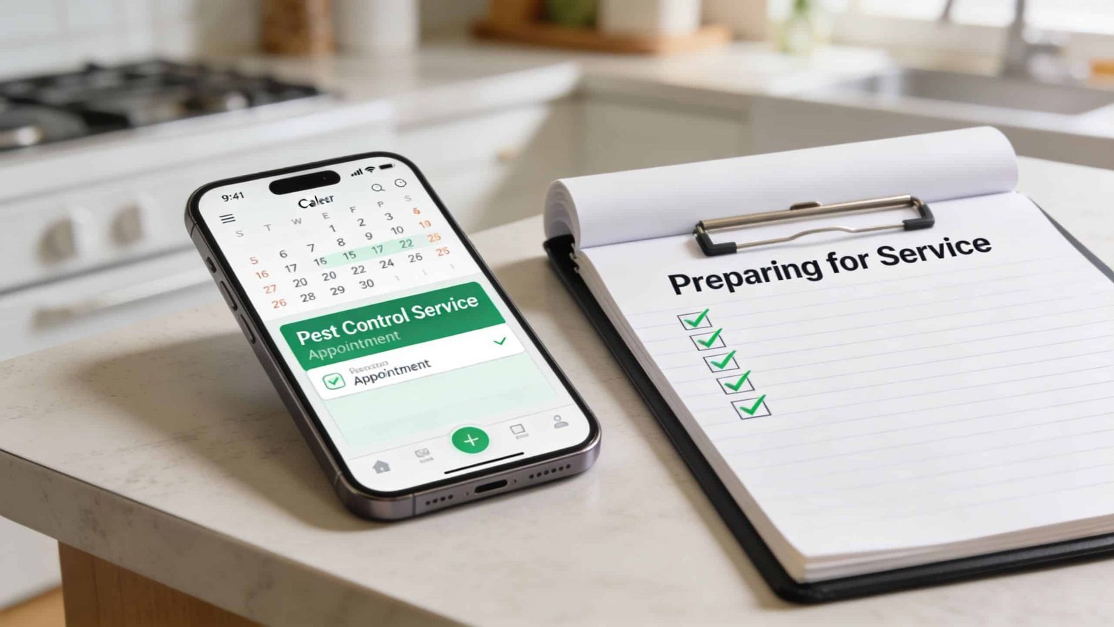 A smartphone showing a pest control appointment next to a clipboard with a checklist for home preparation.