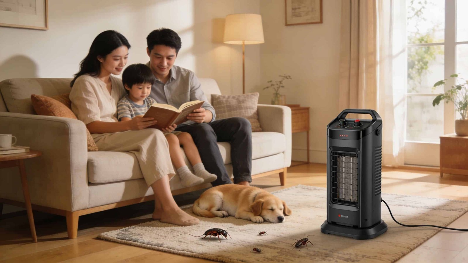 A family reading a book on a couch near a portable space heater with cockroaches nearby.