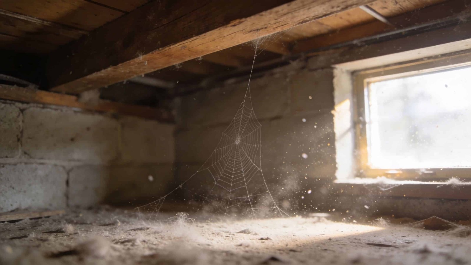 A delicate spider web hanging between a wooden floor joist and a dusty cellar floor near a window.