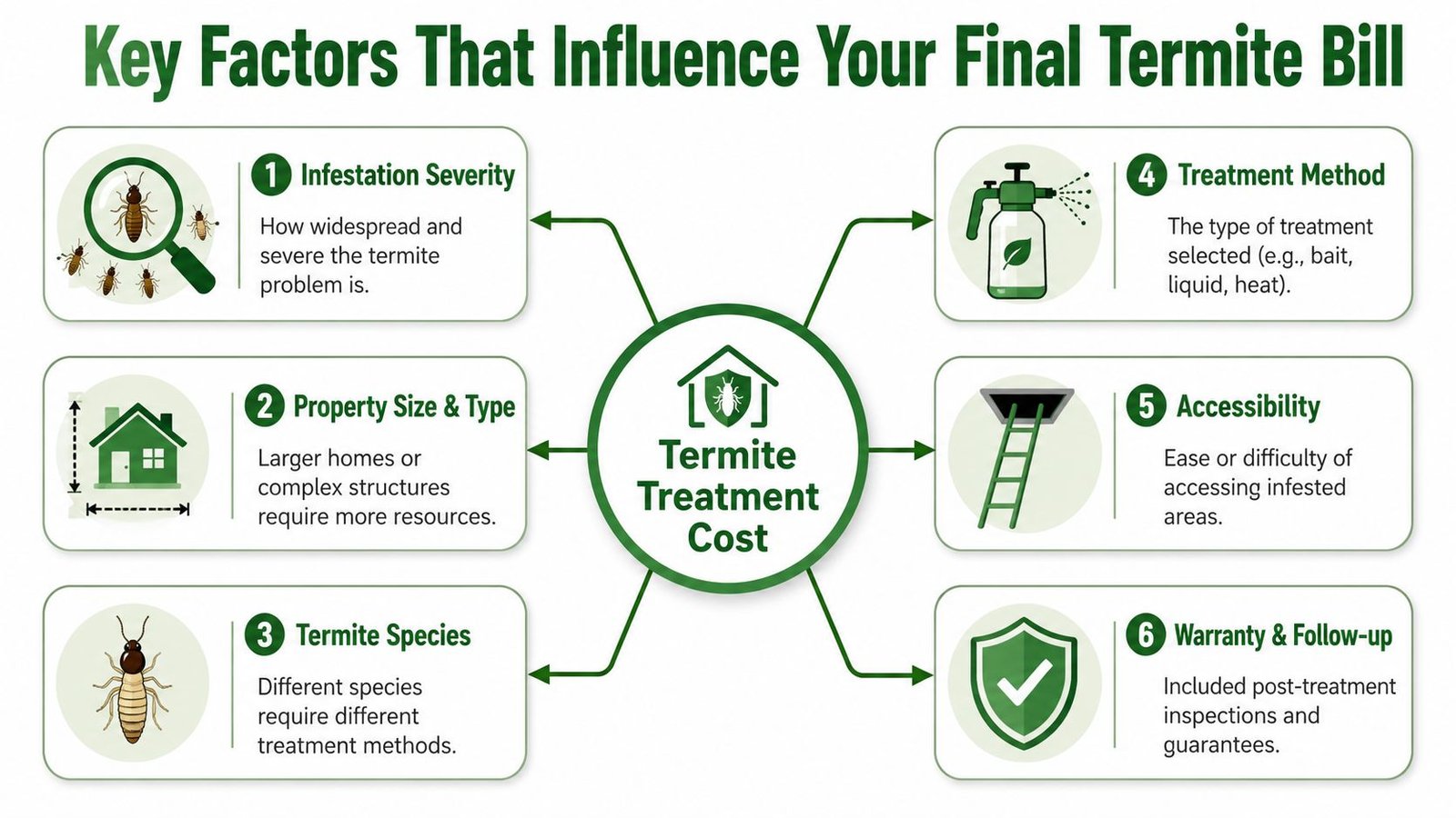 An infographic detailing six key factors that influence the final cost of professional termite treatment services.