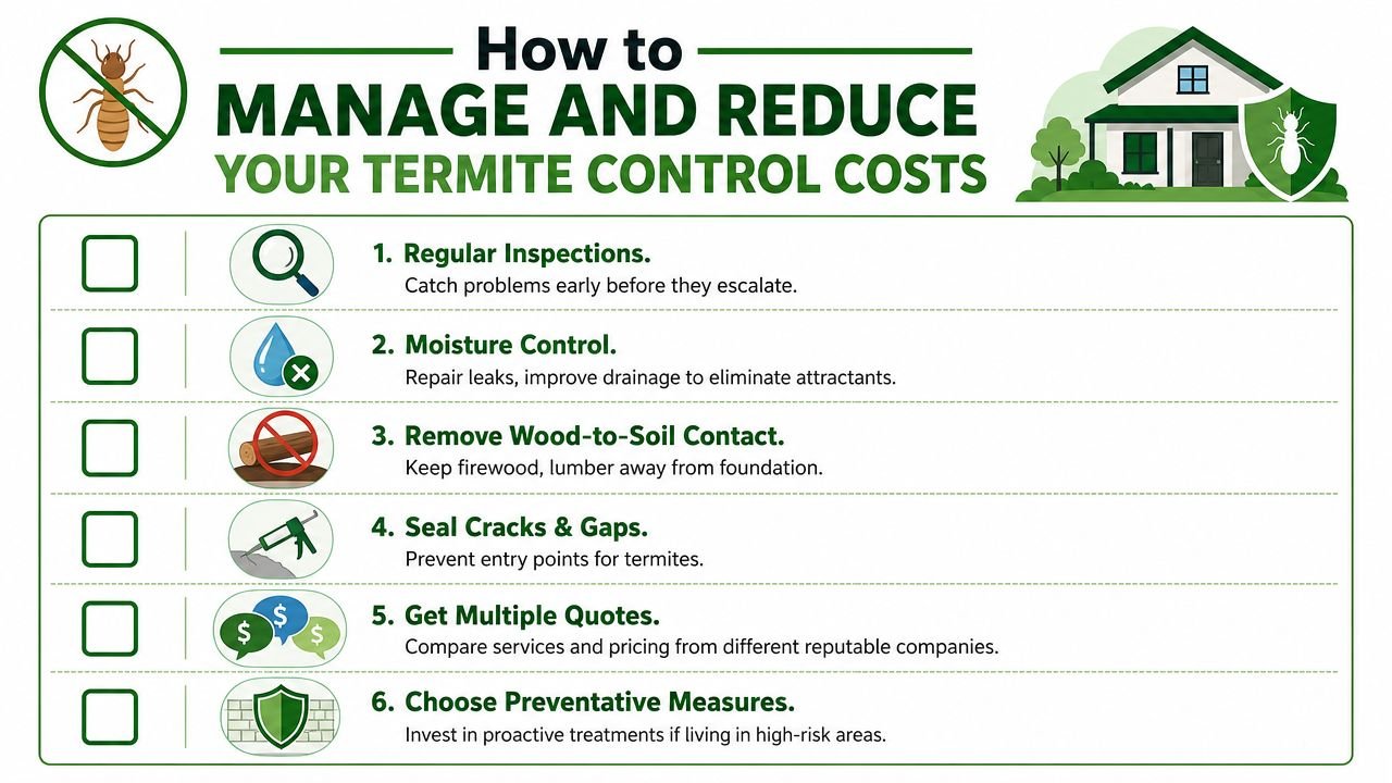 A helpful infographic outlining six practical steps to manage and reduce home termite control costs effectively.