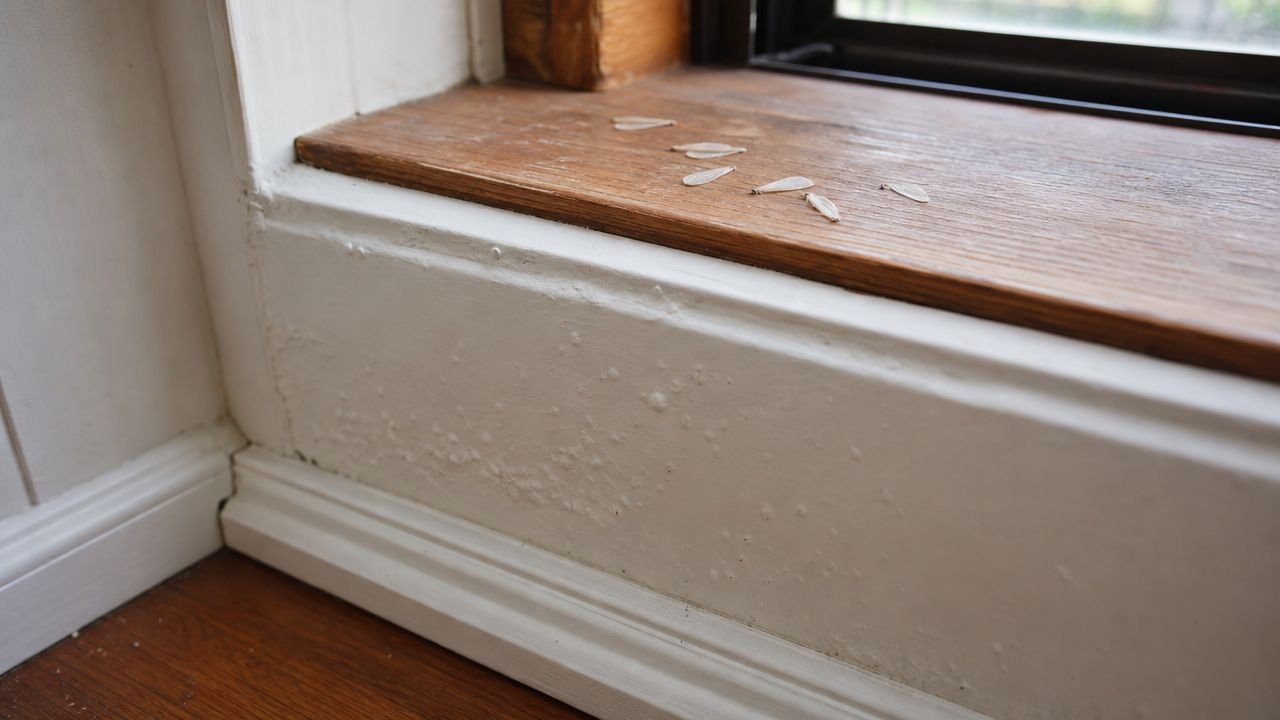 Several shed termite wings scattered on a wooden windowsill above a wall showing signs of paint bubbling.