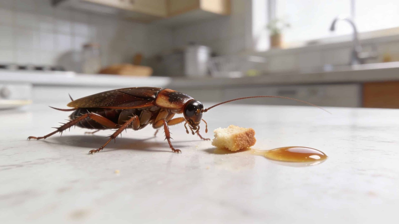 A close-up shot of a cockroach on a kitchen counter eating a piece of bread and syrup.