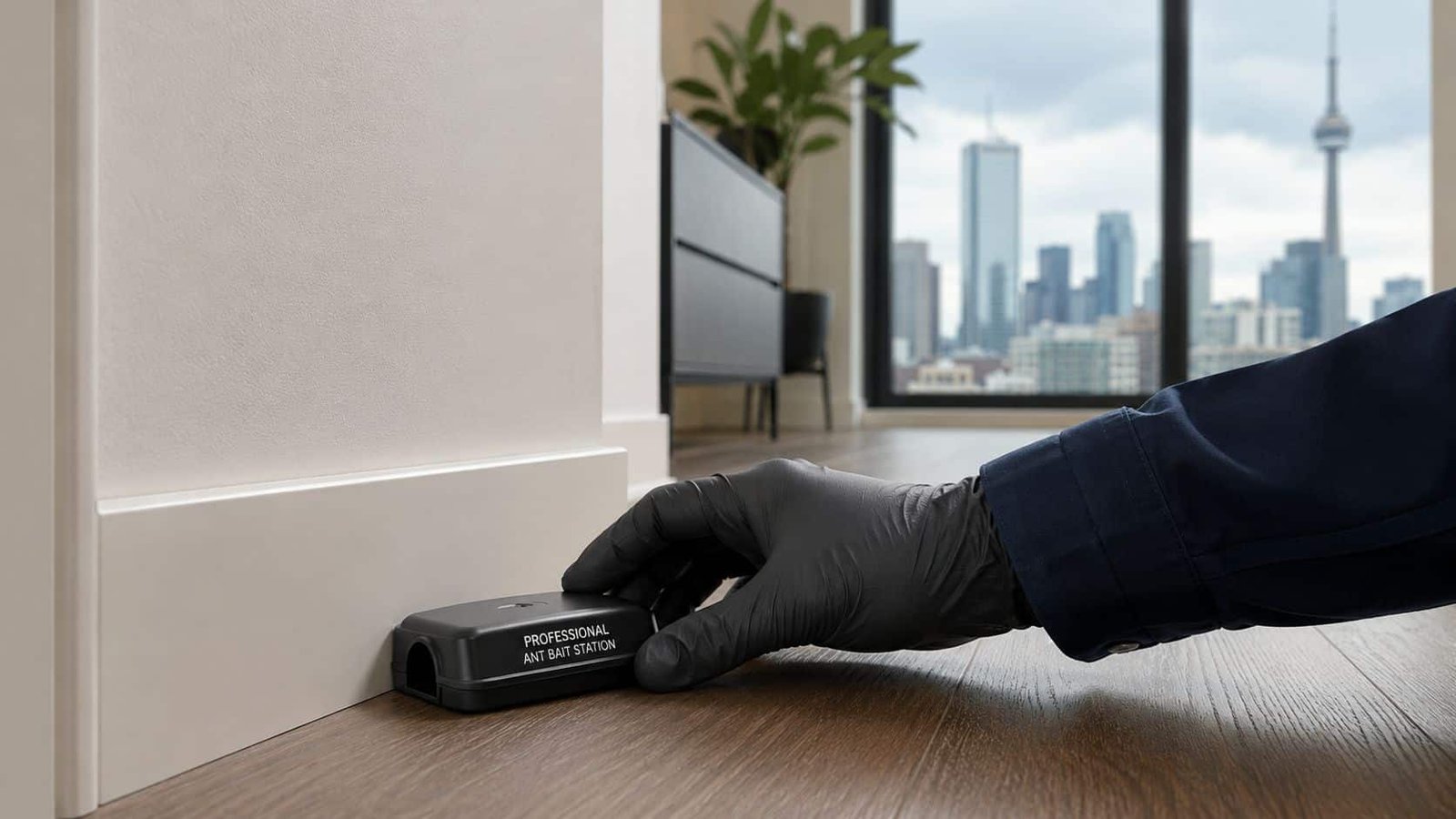 A gloved hand places a professional ant bait station on a wooden floor near a baseboard.