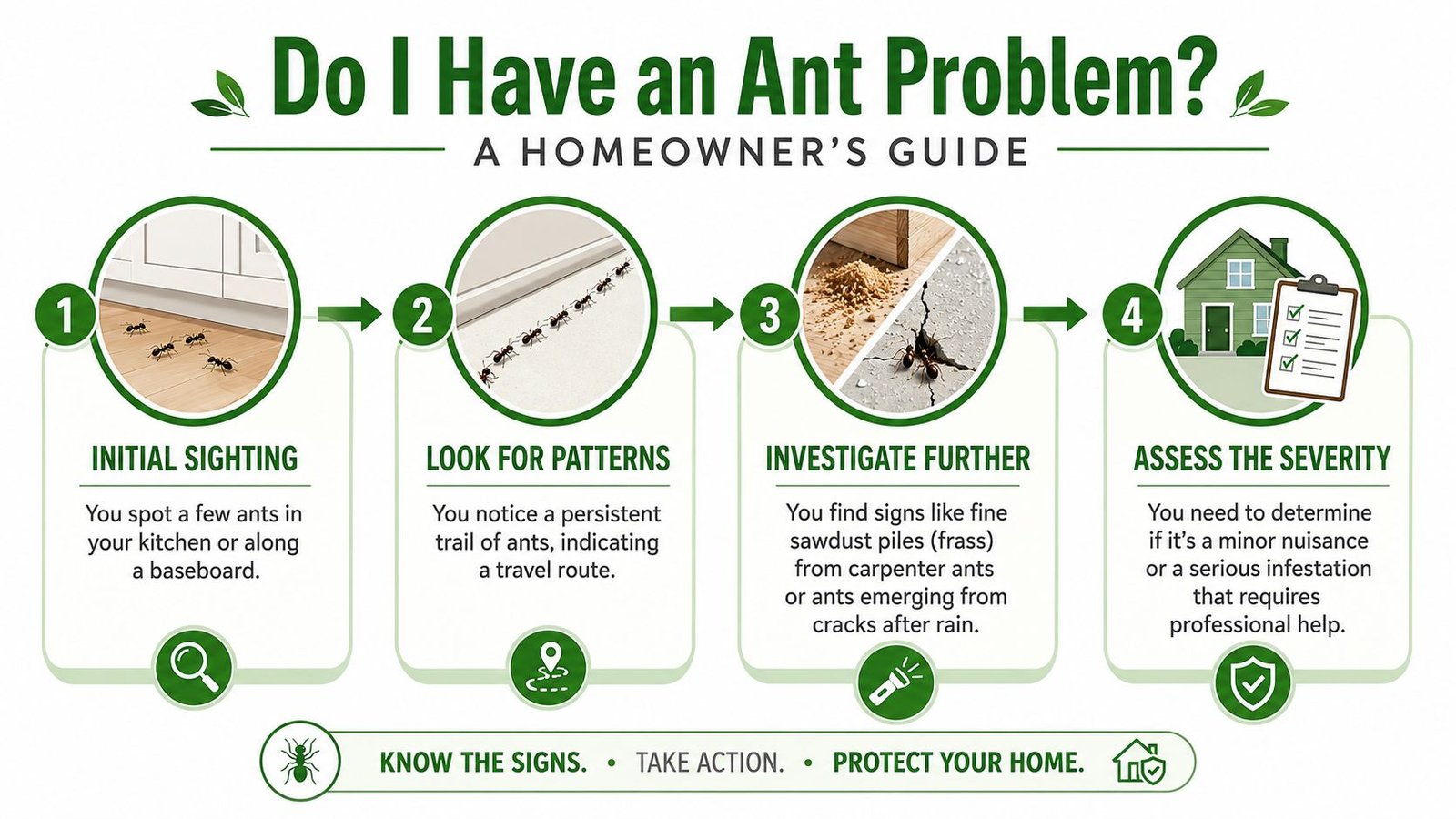 An infographic titled Do I Have an Ant Problem showing four steps to identify home ant infestations.