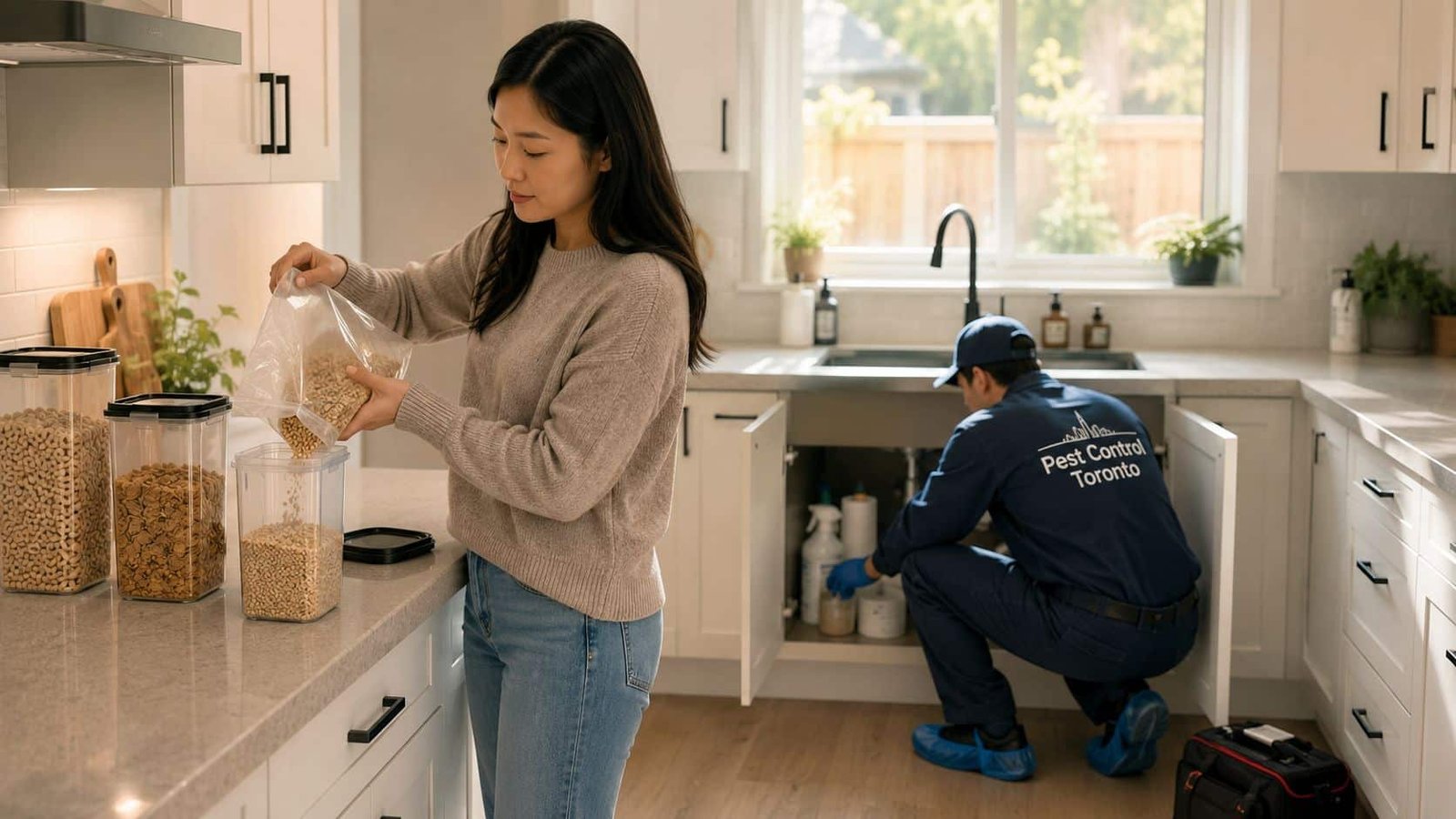 A woman organizing food containers while a pest control technician inspects under the kitchen sink.