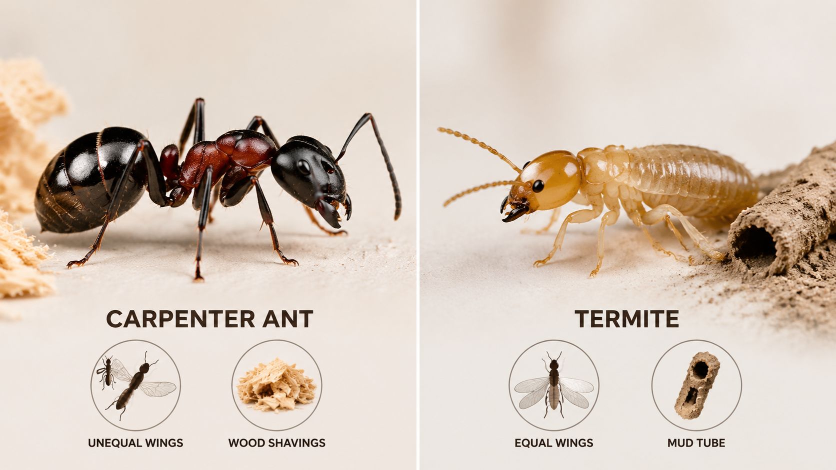 A side-by-side comparison showing the physical differences between a black carpenter ant and a pale termite.