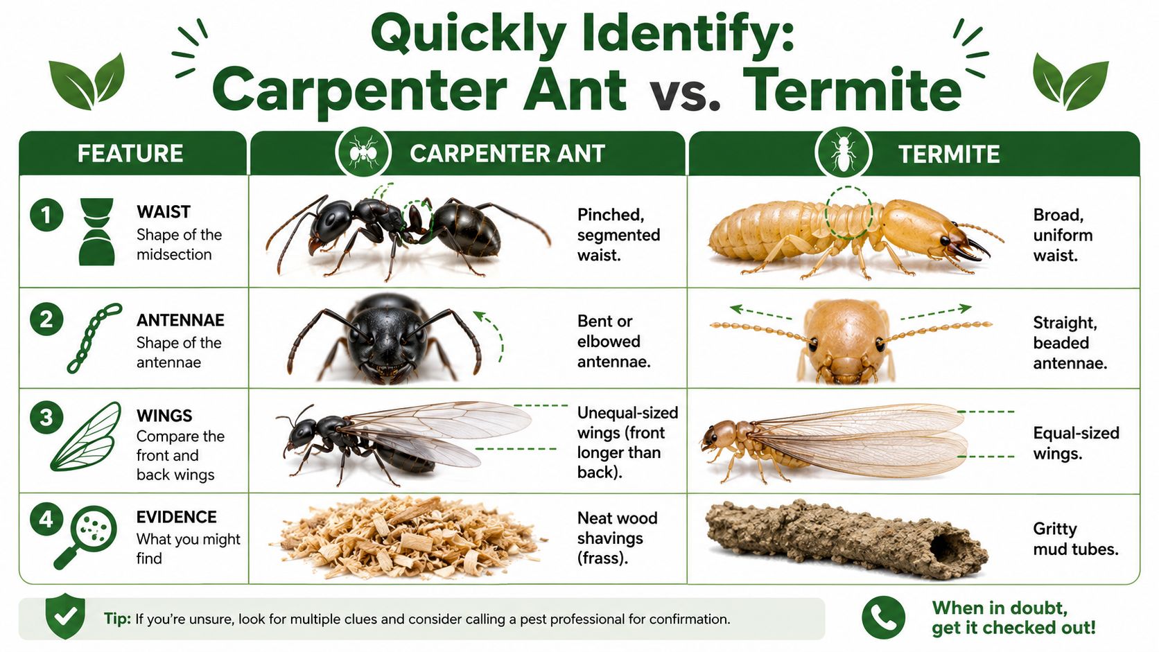 A comparison chart showing key physical differences between a carpenter ant and a termite for easy identification.