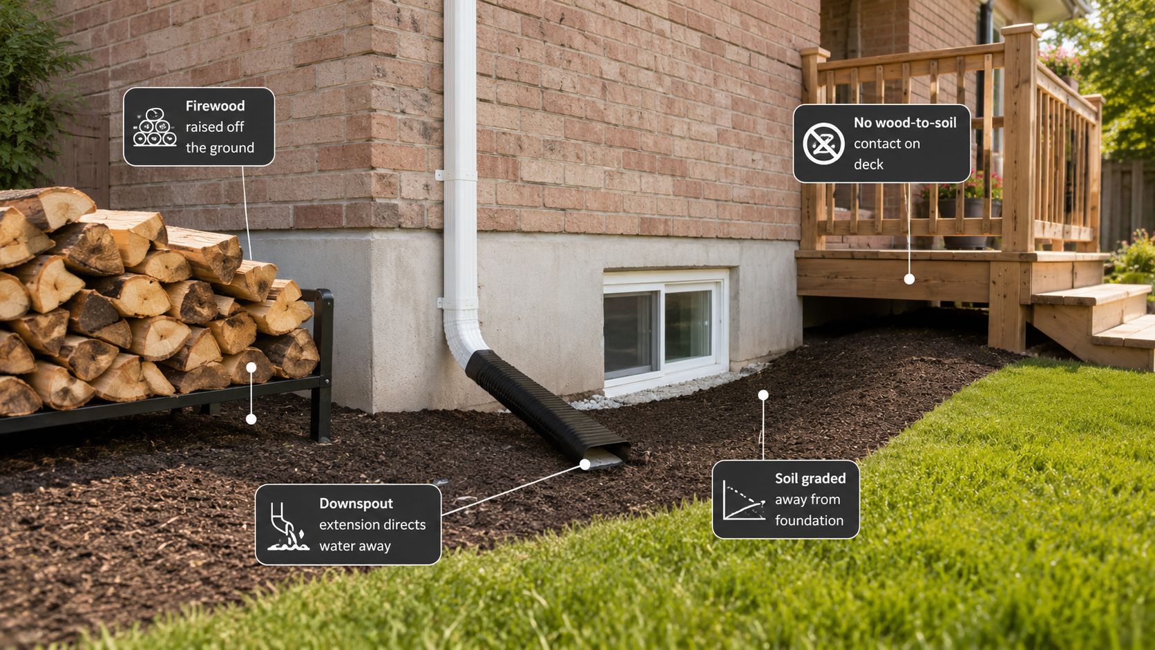 A house exterior showing proper moisture control methods to prevent carpenter ant and termite infestations.