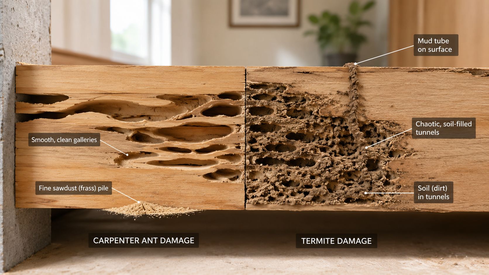 A comparison showing wood damage caused by carpenter ants versus damage caused by subterranean termites.