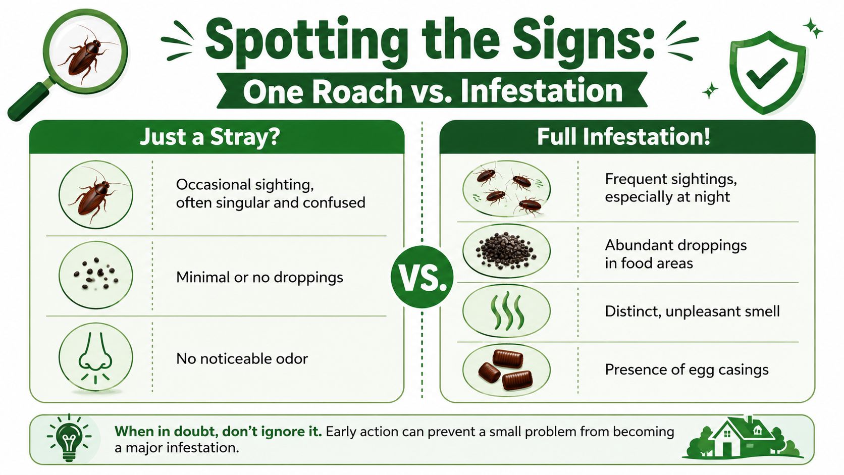 A visual guide comparing signs of a single stray cockroach versus a full home pest infestation.