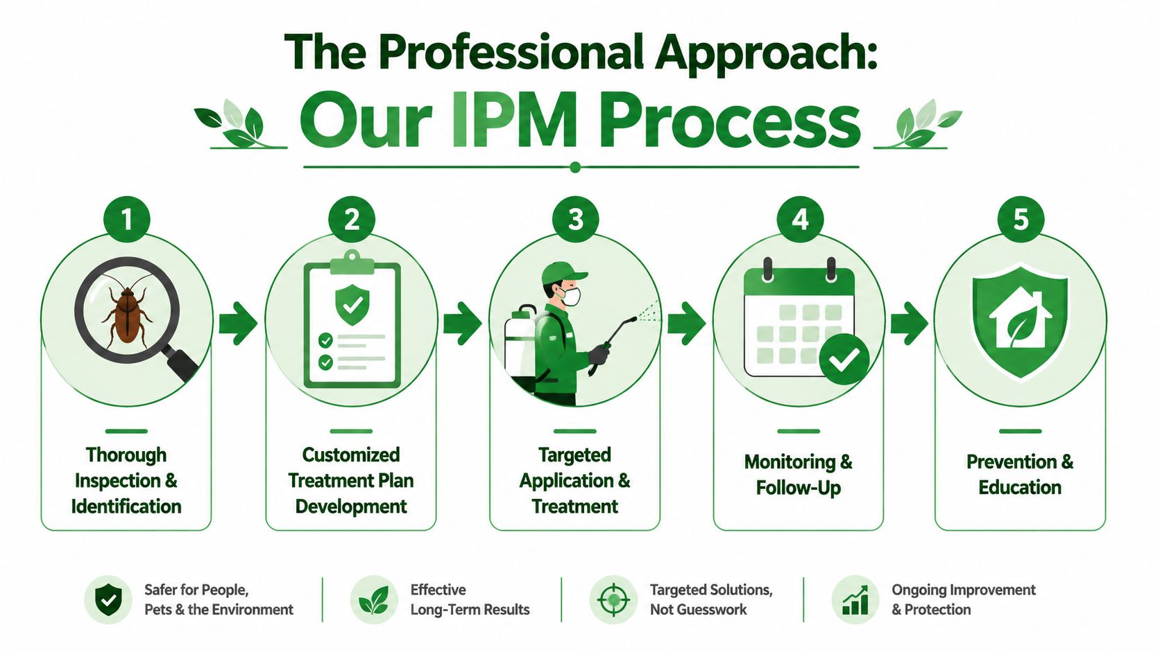A five-step infographic showing the professional integrated pest management process for effective cockroach control services in homes.