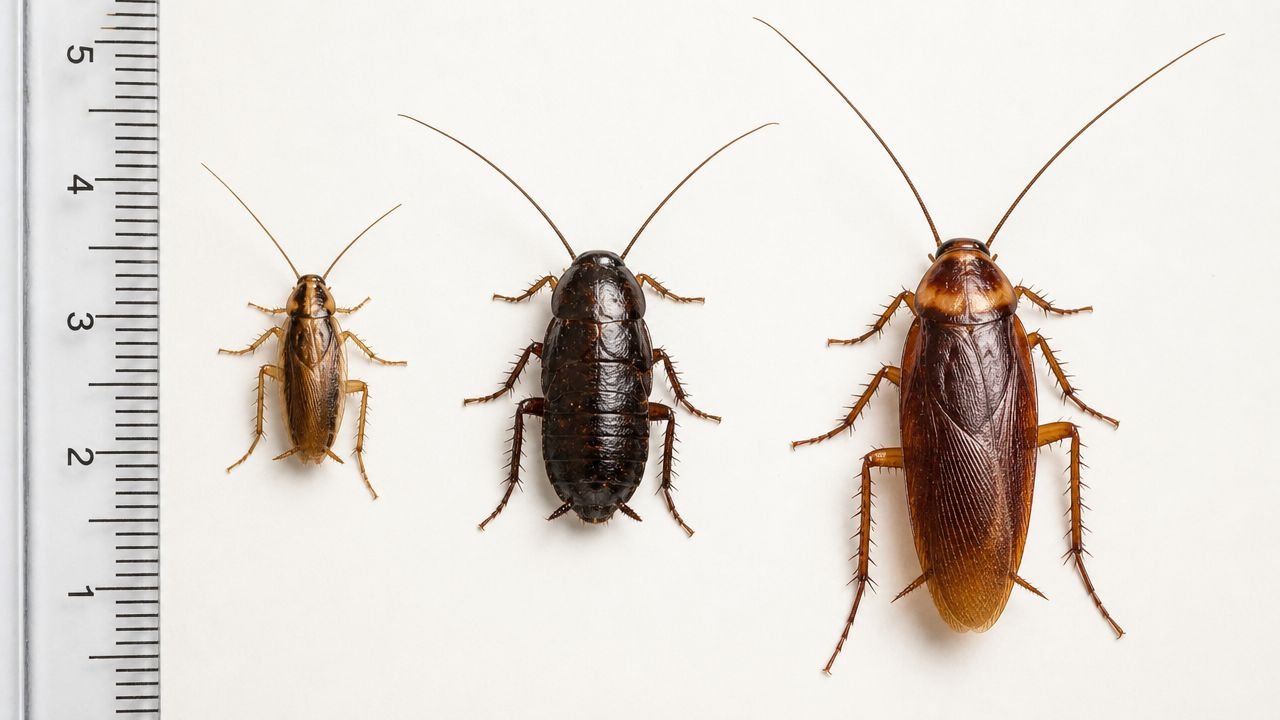 Cockroach Extermination Toronto: 2026 Guide for Your Home 1 Three different species of cockroaches lined up next to a ruler for size comparison.
