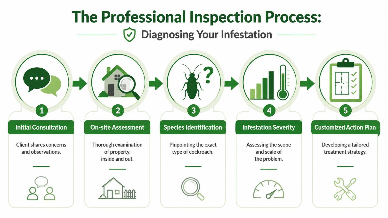Cockroach Extermination Toronto: 2026 Guide for Your Home 2 A five-step infographic showing the professional cockroach inspection process from consultation to a customized action plan.