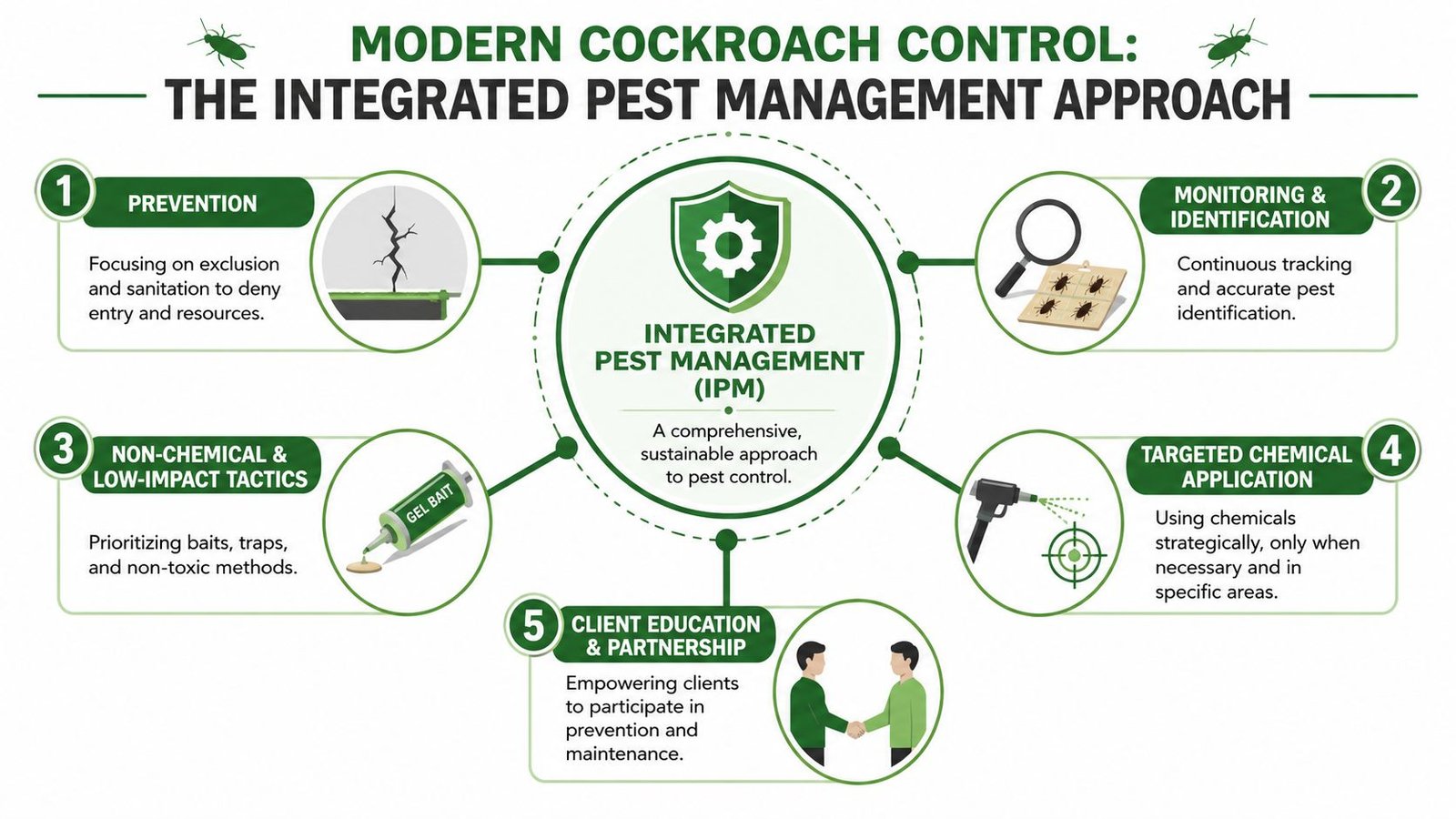 Cockroach Extermination Toronto: 2026 Guide for Your Home 3 A diagram illustrating the five steps of the integrated pest management approach for effective cockroach control.