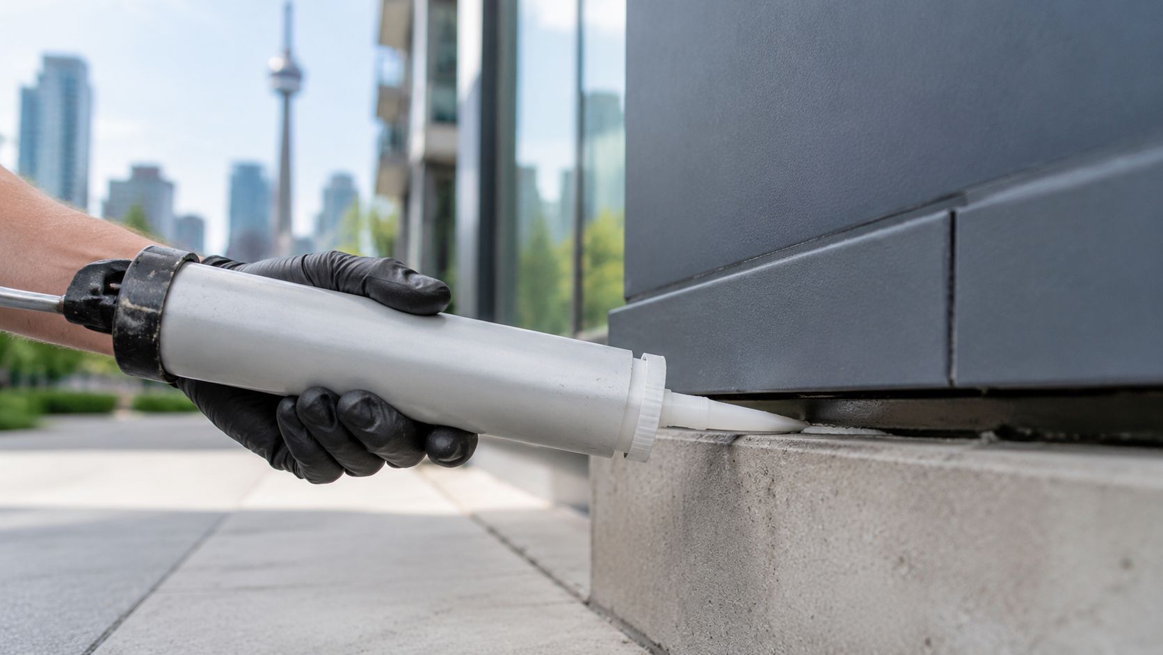 Commercial Pest Control Toronto: Protect Your Business 2026 2 A gloved hand uses a caulking gun to seal a joint at the base of a modern building.
