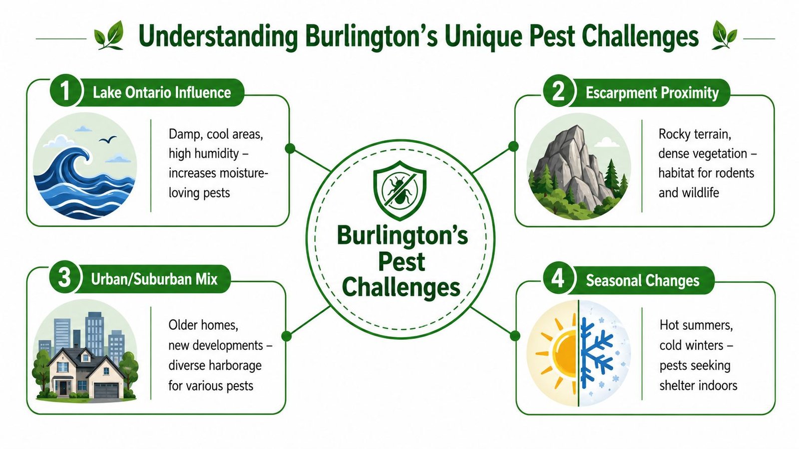 An infographic detailing four unique environmental factors that contribute to pest challenges in Burlington, Ontario.