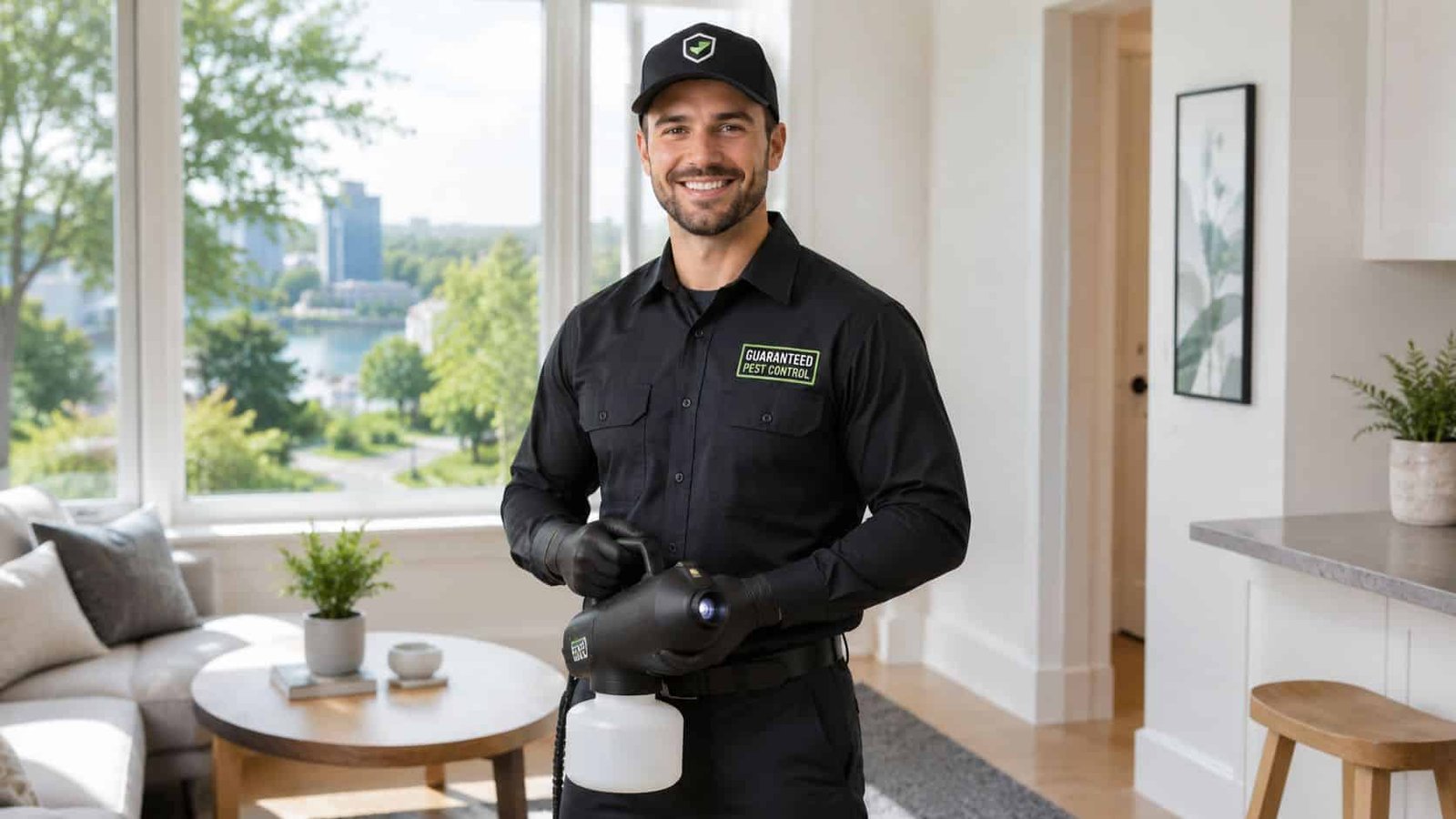 A friendly pest control technician wearing a uniform smiling while holding a professional spraying tool indoors.