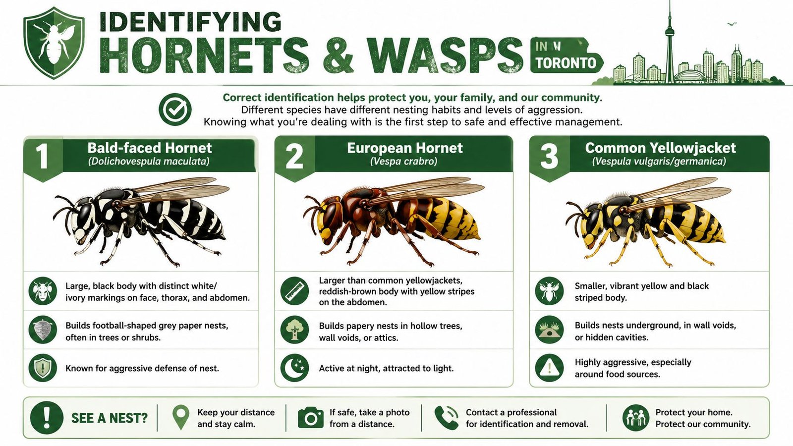 An educational infographic comparing the identification, nesting habits, and behavior of common hornets and wasps in Toronto.