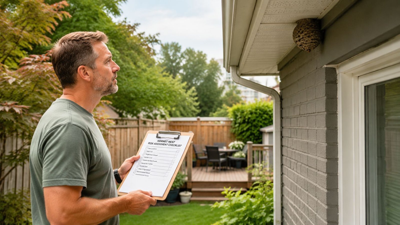 Hornet Nest Removal in Toronto: A 2026 Safety Guide 2 A professional inspector assessing a hornet nest attached to a residential house with a checklist clipboard.