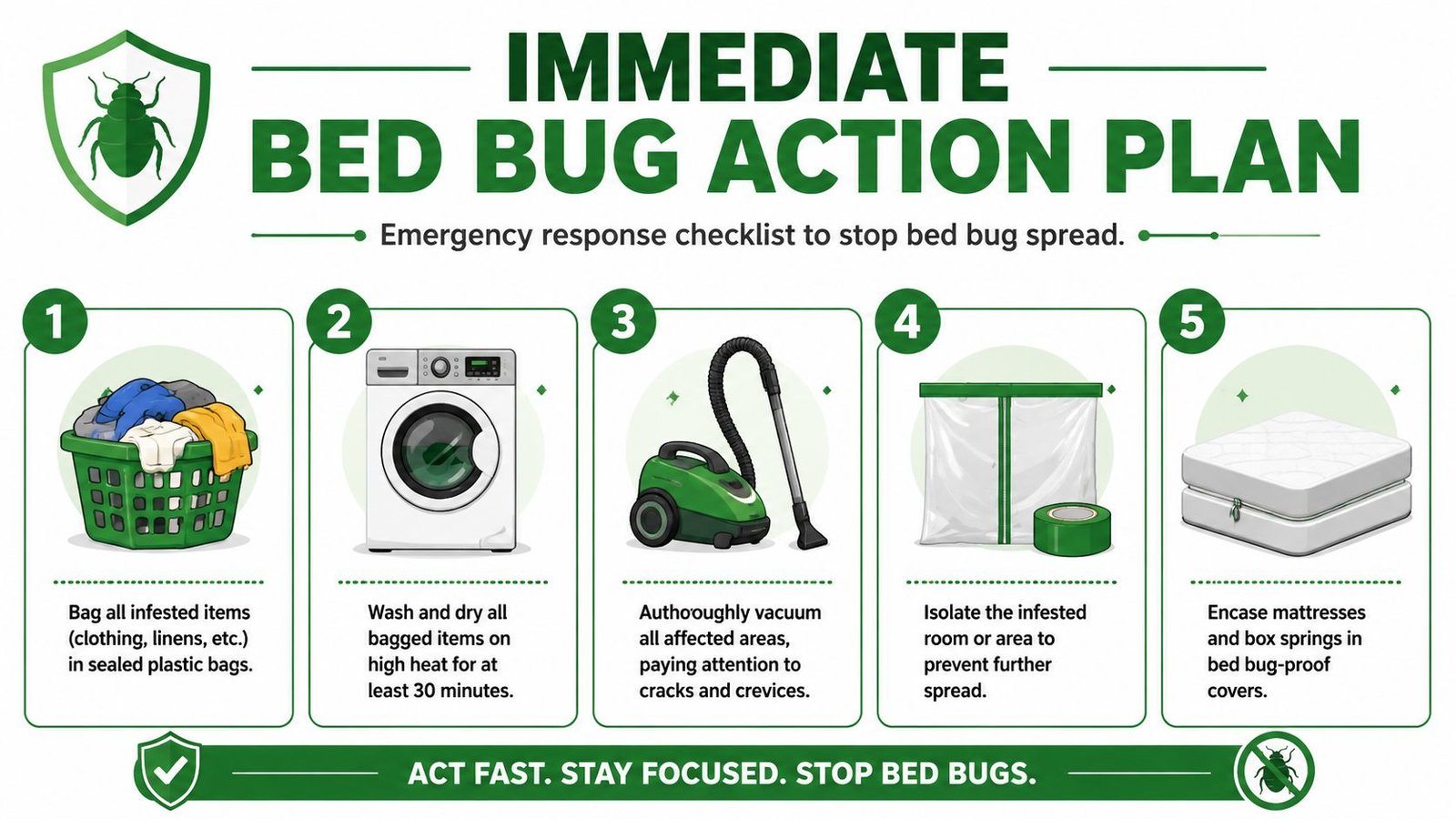 An infographic showing a five-step emergency action plan to identify and stop a bed bug infestation.