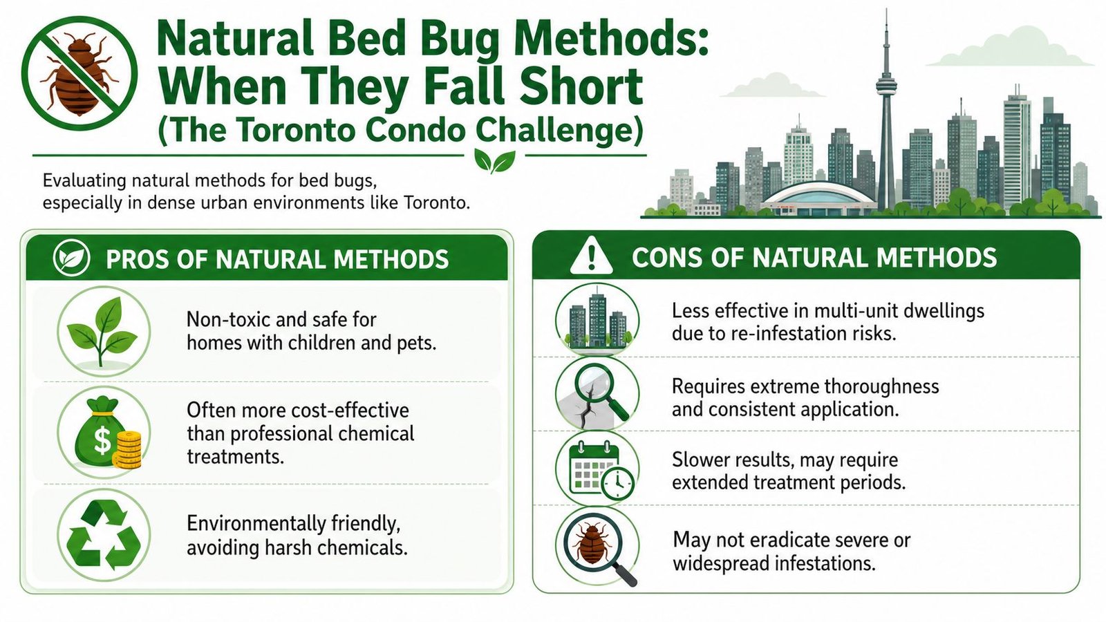An infographic titled Natural Bed Bug Methods comparing the pros and cons of natural treatment approaches.