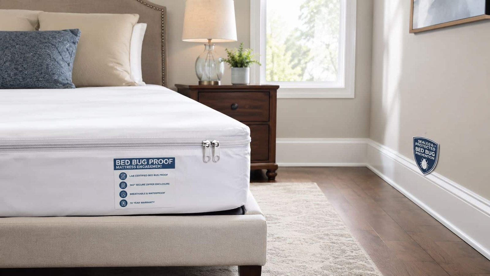 A close-up view of a mattress with a white bed bug proof encasement inside a bedroom.