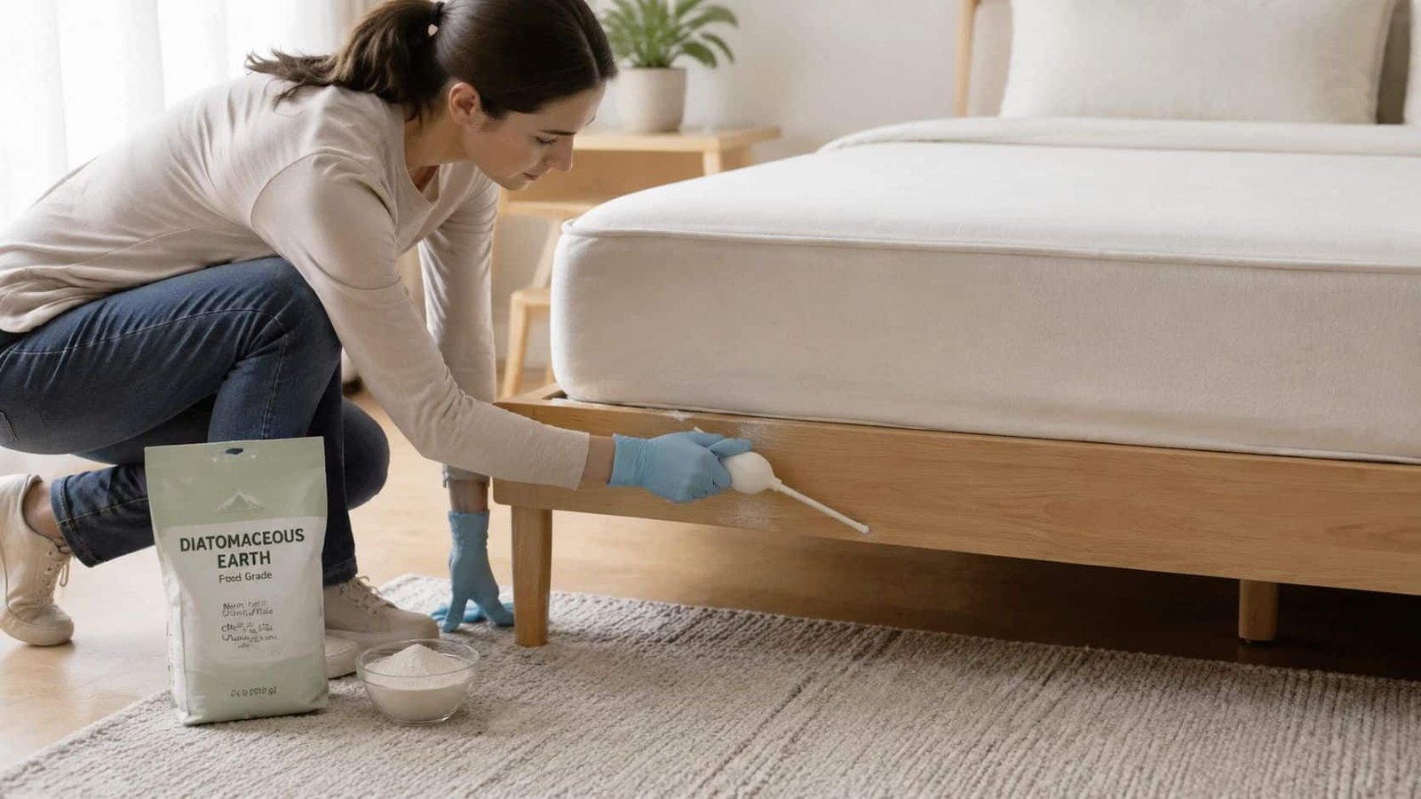 A woman wearing gloves applies diatomaceous earth to a wooden bed frame to treat bed bugs naturally.