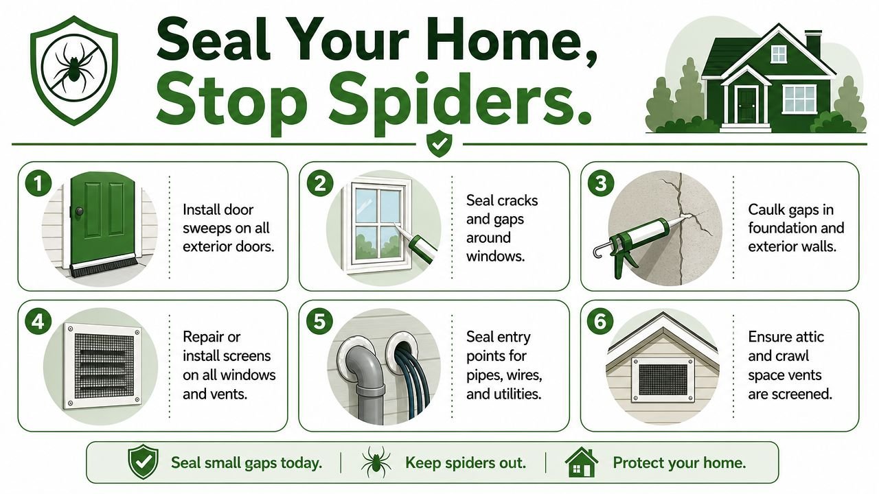 An infographic titled Seal Your Home Stop Spiders illustrating six practical steps to prevent spider infestations.