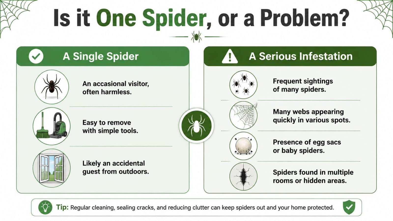 An infographic comparing signs of a single spider versus a serious spider infestation in a home.