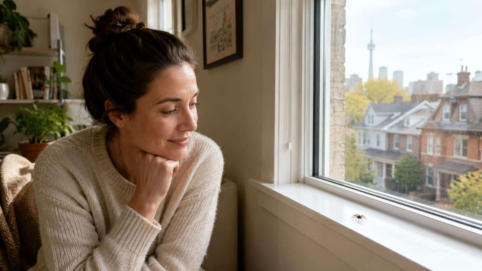 A smiling woman sits by a sunny window, observing a small spider on the windowsill.