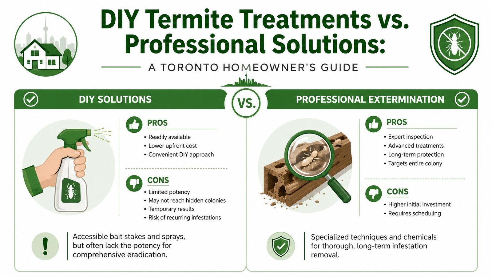 A comparative infographic illustrating the pros and cons of DIY termite treatments versus professional pest control services.