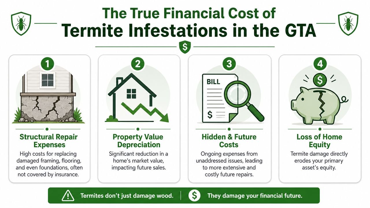 An infographic detailing the four major financial costs associated with termite infestations in the GTA area.