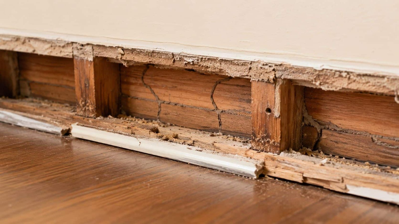 A wall baseboard removed to reveal severe termite damage, mud tubes, and destroyed wood studs indoors.